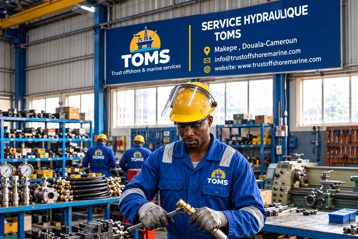 Technicien TOMS assemblant un flexible hydraulique dans l’atelier hydraulique, devant la bannière Service Hydraulique TOMS