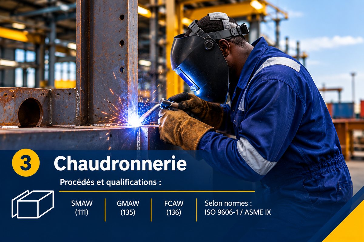 Soudeur TOMS assemblant une structure métallique, avec les procédés de chaudronnerie et qualifications affichés