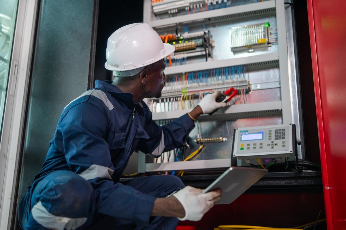 Électricien TOMS contrôlant une armoire électrique industrielle avec une pince ampèremétrique et une tablette