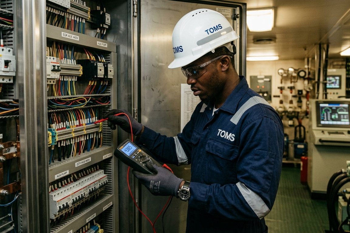 Technicien TOMS contrôlant un tableau électrique en salle des machines d’un navire avec un multimètre