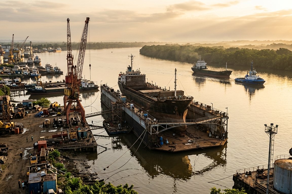 Vue aérienne d’un chantier naval avec un navire sur cale flottante, des grues et des remorqueurs