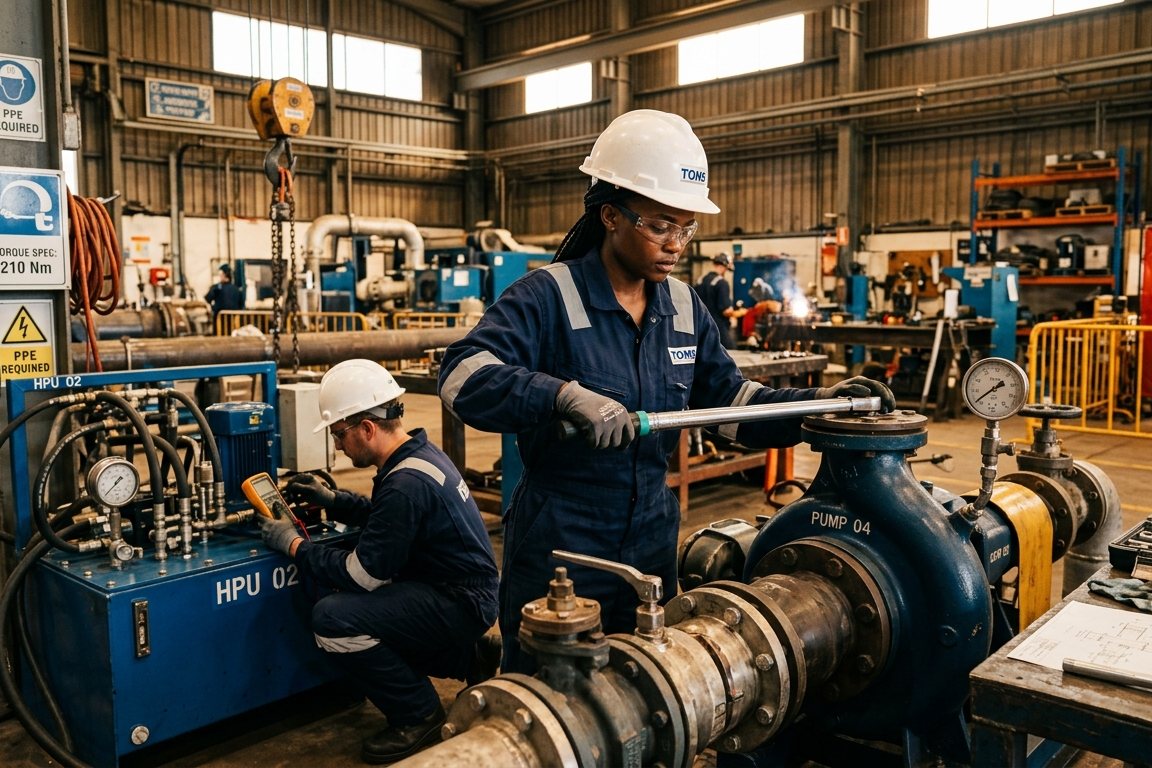 Techniciens TOMS en atelier de mécanique intervenant sur une pompe et un groupe hydraulique