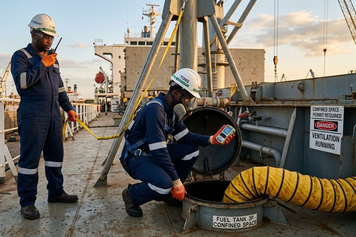 Intervention TOMS en espace confiné sur une cuve de navire : détecteur de gaz, ventilation et surveillant en liaison radio