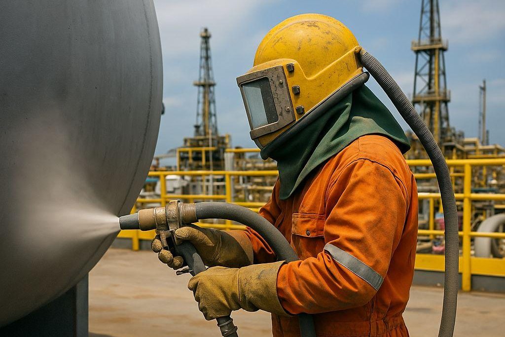 Opérateur TOMS en tenue de sablage projetant de l’abrasif sur un réservoir en environnement pétrolier