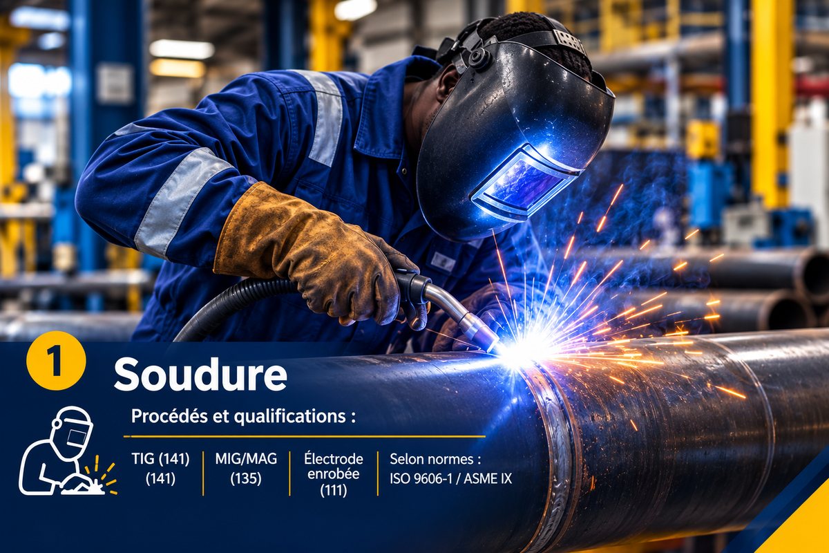 Soudeur TOMS réalisant un cordon de soudure TIG sur une canalisation, avec les procédés et qualifications affichés